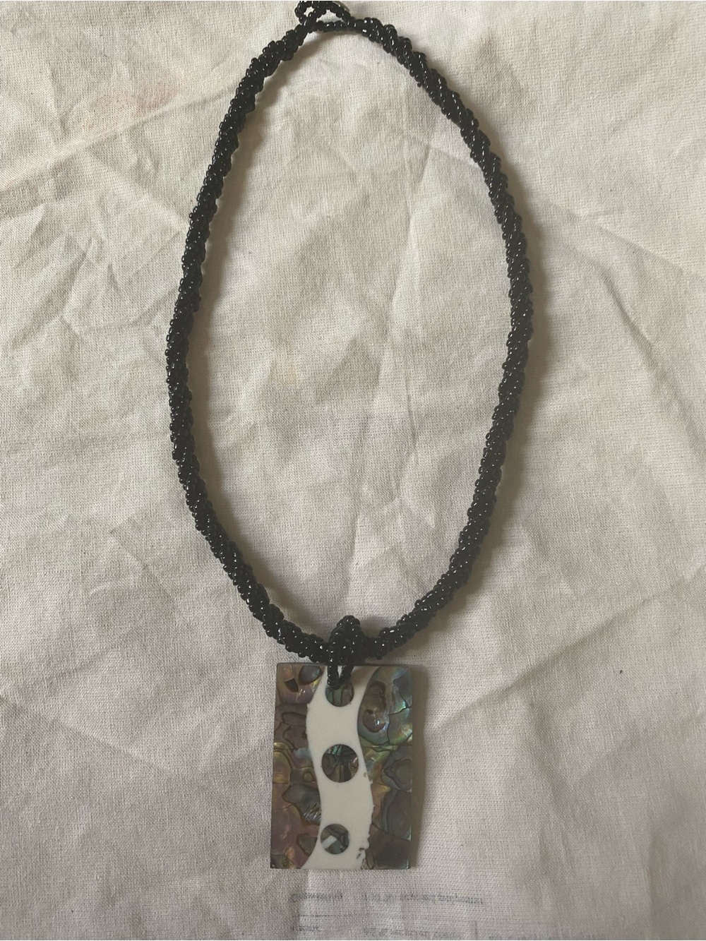 Vintage Abalone Shell and White Resin Pendant Necklace — Black Beaded Strand - Picture 3 of 4